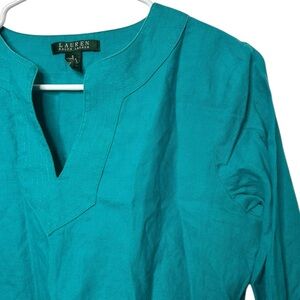 Lauren Ralph Lauren Womens Top Small Aqua Teal Linen Tunic Long Roll‎ Sleeve Top